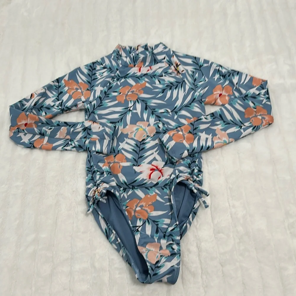 Roxy Girls Blue Floral Long Sleeve One-Piece Swimsuit